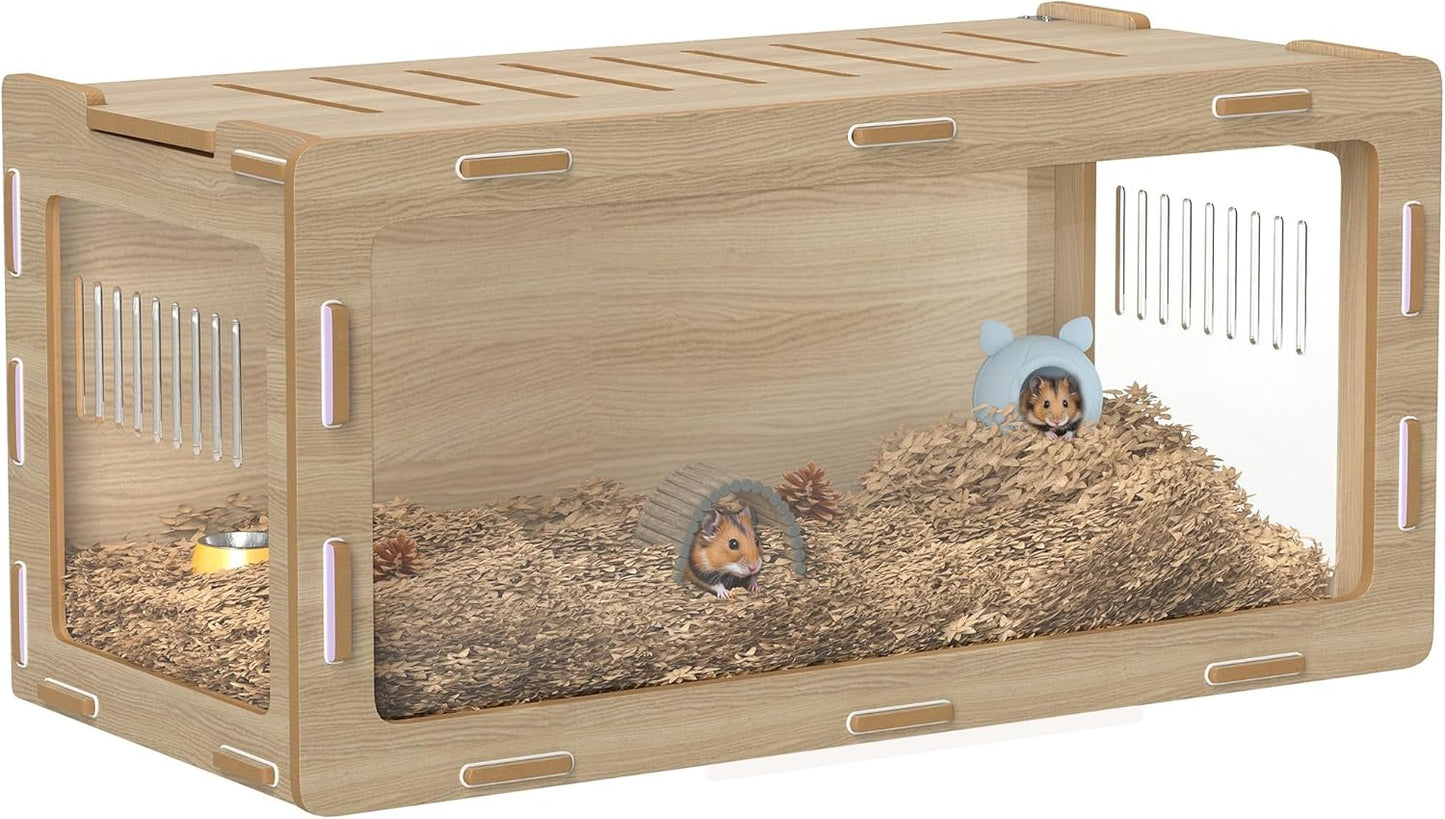 PawHut Hamster Cage with Easy View Acrylic Panels, Small Animal Cage with Air Vents & Openable Roof, Large Habitat for Dwarf, Gerbil, Guinea Pig, Rat, 39" x 20" x 18.5", Oak