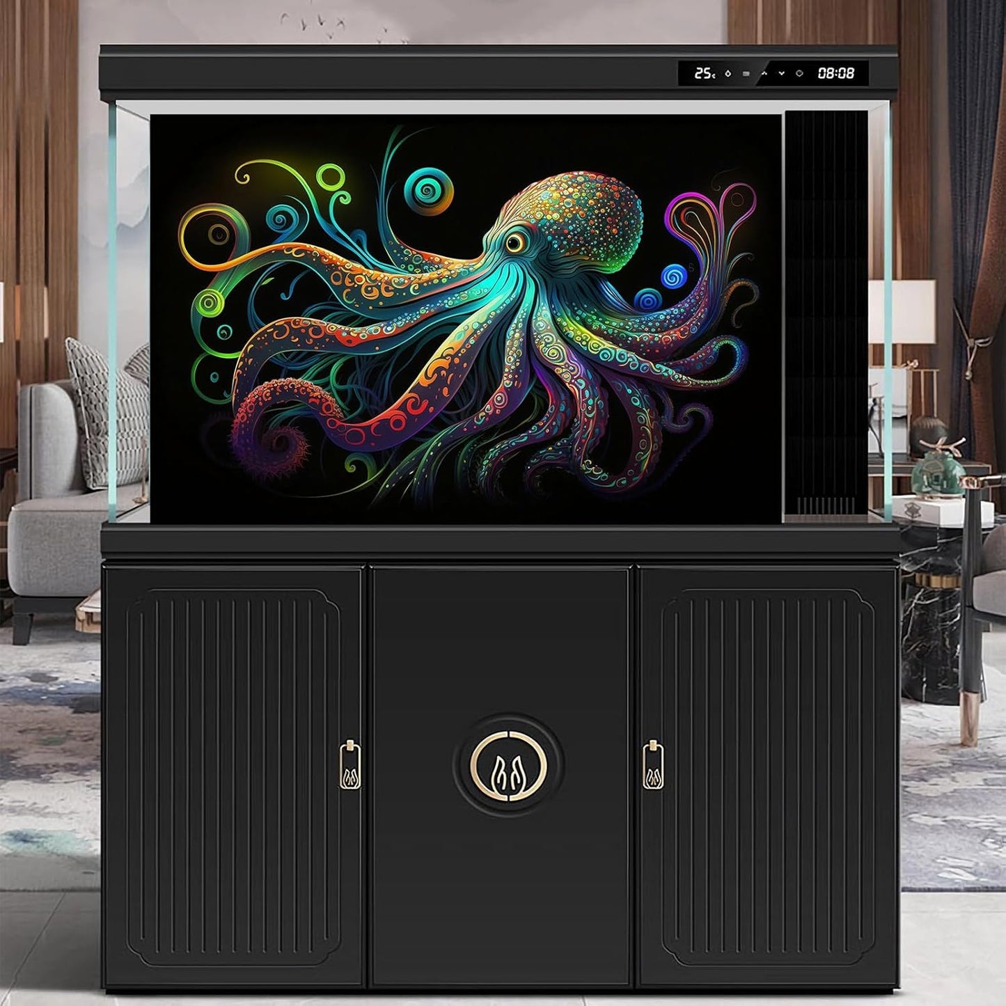 Octopus Aquarium Background Exquisite Colorful Octopus Terrarium Background Glowing Octopus on Black Background Fish Tank Backdrop Octopus Backdrops Poster Wallpaper Decorations Vinyl 30x12in