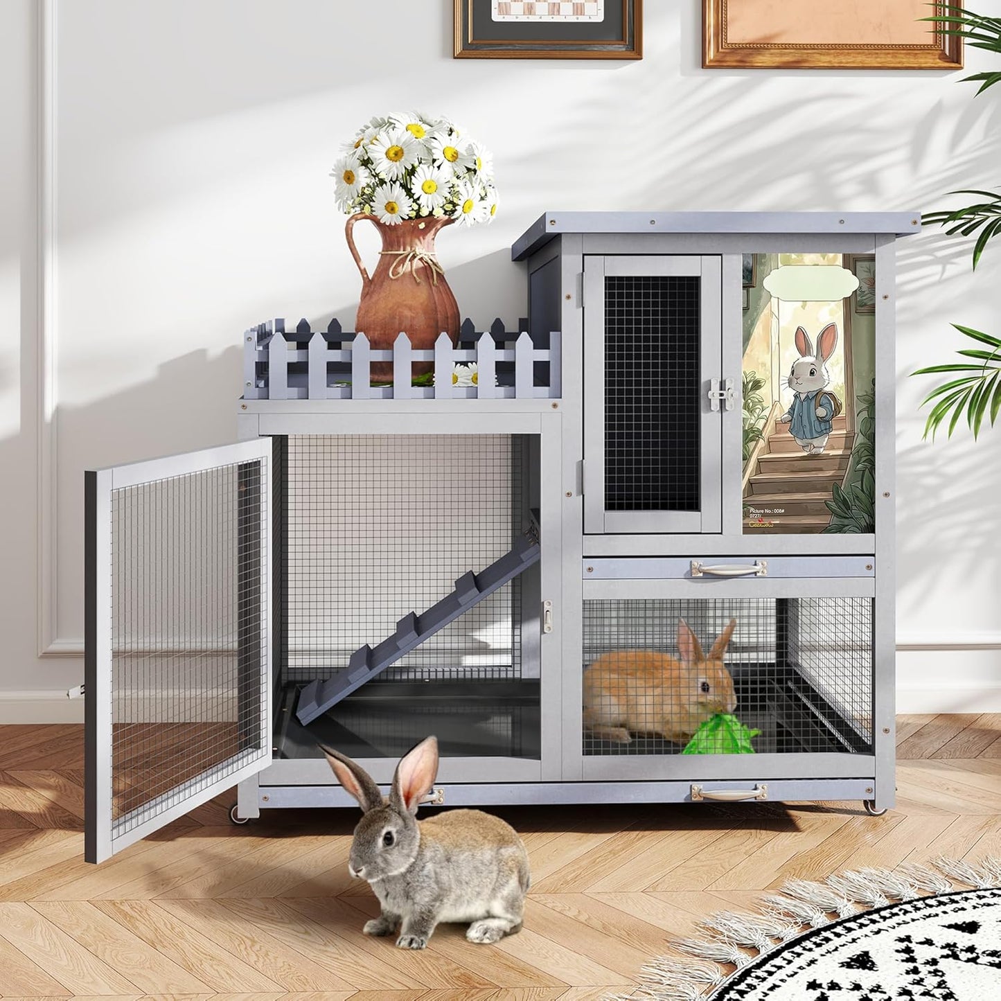 Wood Rabbit Hutch with Balcony - Small Animal House Bunny Cage on Wheels for Indoor Outdoor, Rabbit Cage Included Ramp, Pull Out Tray, (Grey with Pattern)