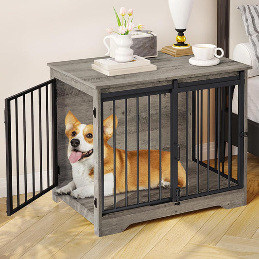 31.9" Dog Crate Furniture with Barn Door, Heavy Duty Dog Kennel Indoor with 2 Doors, Wooden Pet Cage End Table for Small Medium Dogs up to 44 lb, Anti-Chew Anti-Escape, Greige DFC83605B