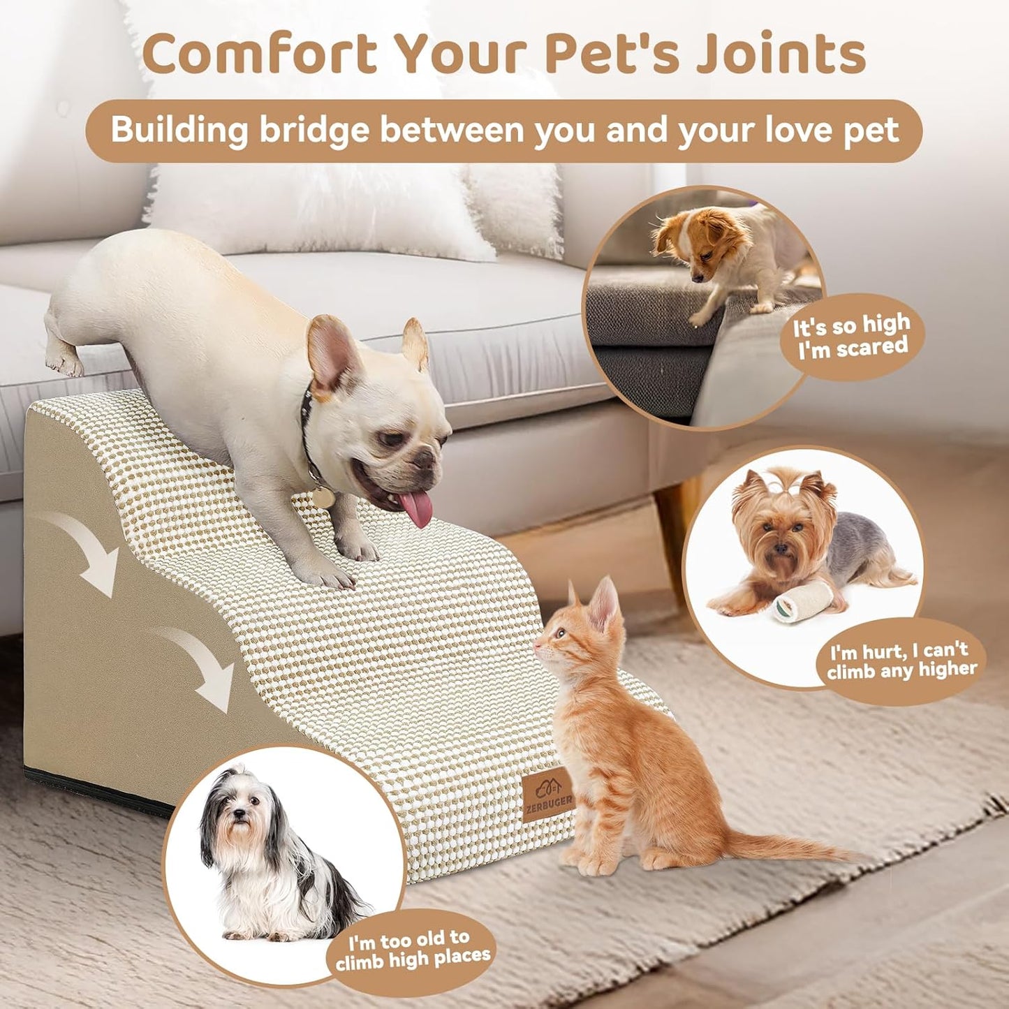 Dog Ramp and Stair for Bed 16" H-20 H,3-Step Cat Stair for Sofa and Chair,4-Step Dog Ramp for High Bed and Window,Durable Nonslip Fabric Cover for Indoor (Beige-16 H, Pet Friendly, 3)