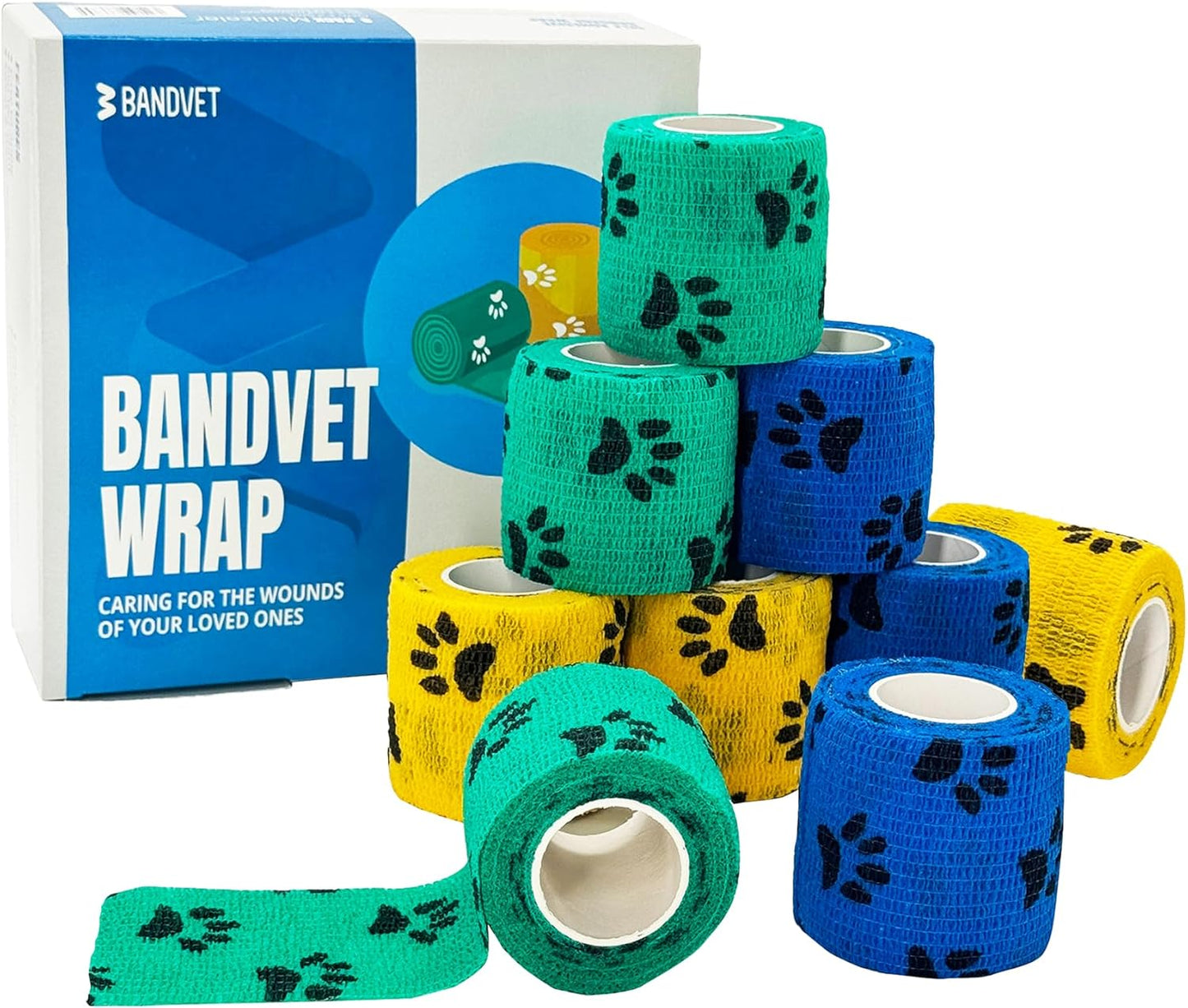 Self Adhesive Bandage Wrap - Pack of 09 Assorted Colors, Breathable & Water-Resistant Vet Wrap for First Aid, Sports Injury, Body Sprains, & Pets (2 Inch Paw Print Multicolor - 09 Pack)