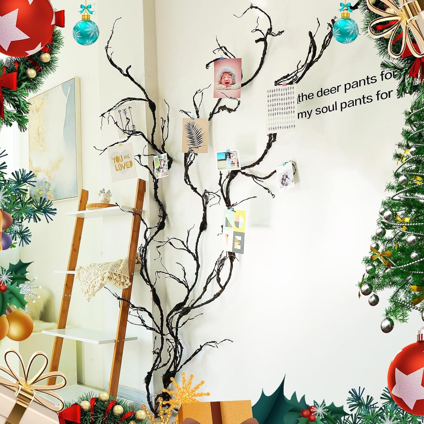 98in Bendable Wall Hanging Artificial Cherry Blossom Tree Vines Fake Reptile Plants Branches Twigs Trunk Garland for 3D Outdoor Bedroom Garden Home Background Halloween X'Mas Decoration