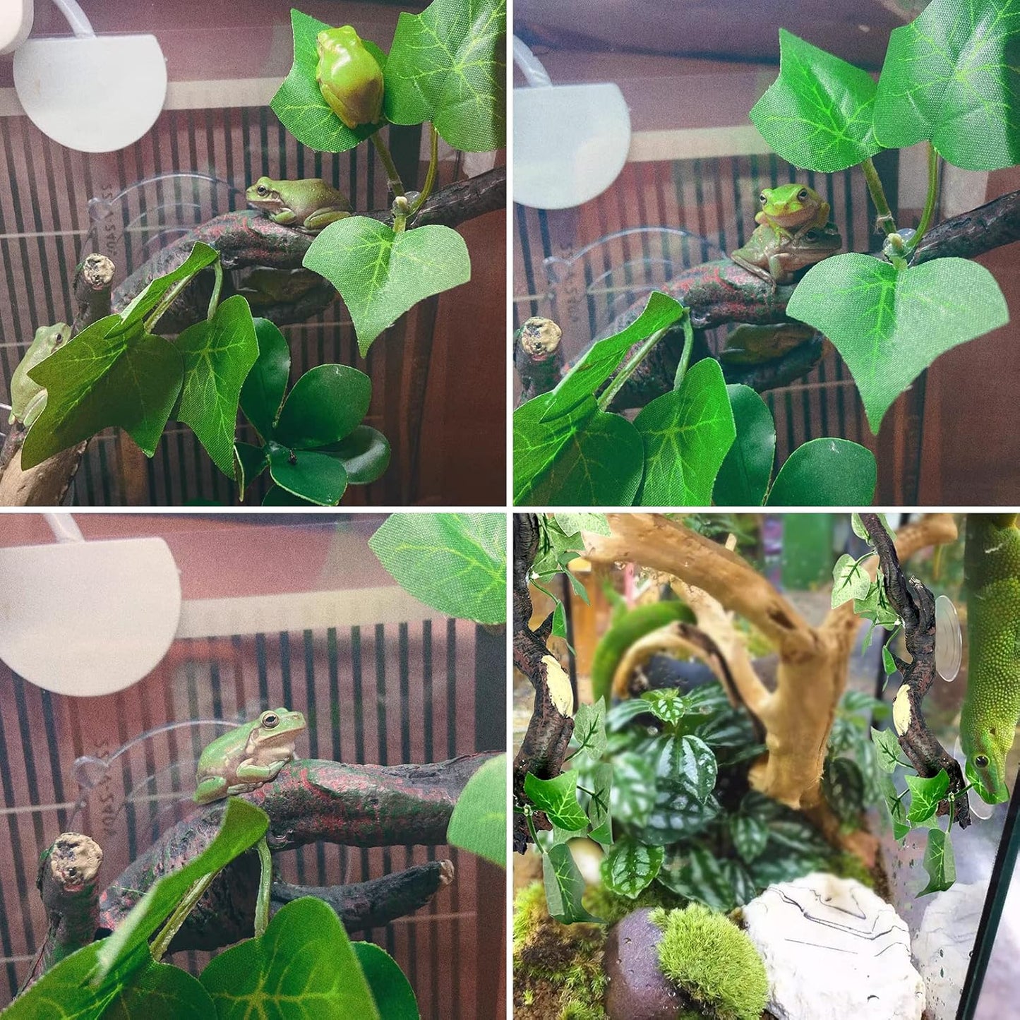 Fhiny 2 PCS Reptile Corner Branch, Resin Climb Tree Branch Decor with Leaves Tank Accessories Terrarium Plant Ornament with Suction Cup for Snake Lizard Bearded Dragons Gecko Climbing