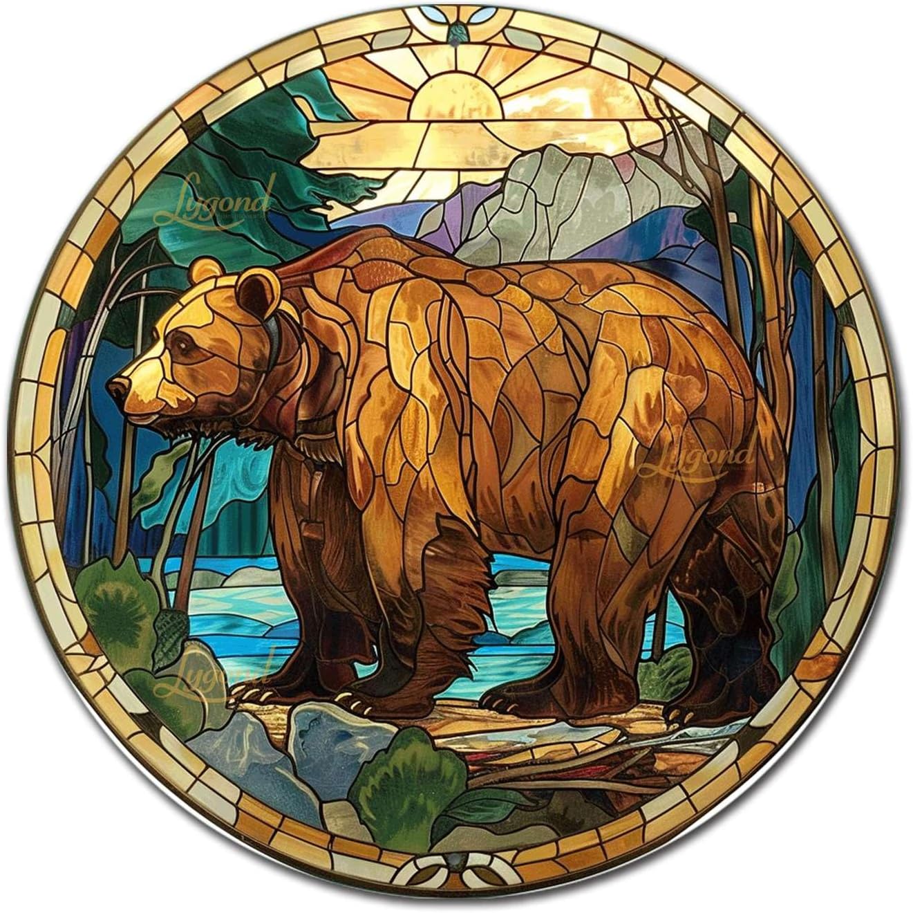 Lygond Metal Sign Tin Sign Circular Stained Glass Bear Garden Tin Signs for Bar 8×8 Inches
