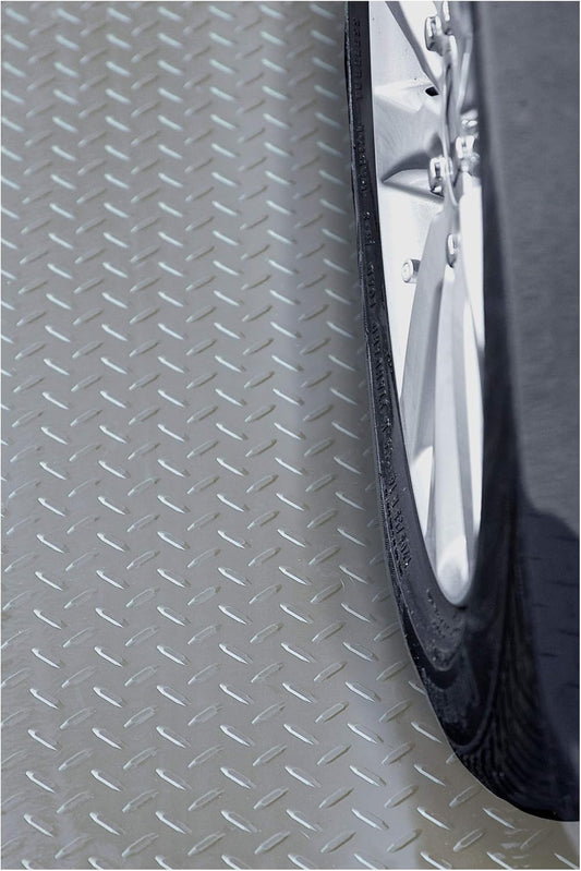 RESILIA Heavy Duty Garage Floor Runner & Protector Mat - Slip Resistant Diamond Plate PVC Mats - Water, Spill, & Stain Resistant, Silver (4 feet x 8 feet)