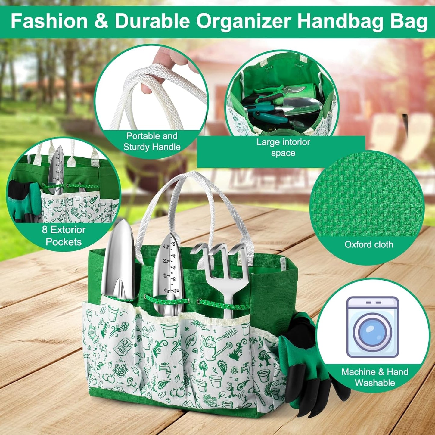 Garden Tool Set for Women, 12pcs Heavy Duty Gardening Tools, Cute Gardening Supplies Gifts for Women Mom, Garden Hand Tools with Fashion Organizer Handbag, Garden Tools for Gardening, Planting, Green