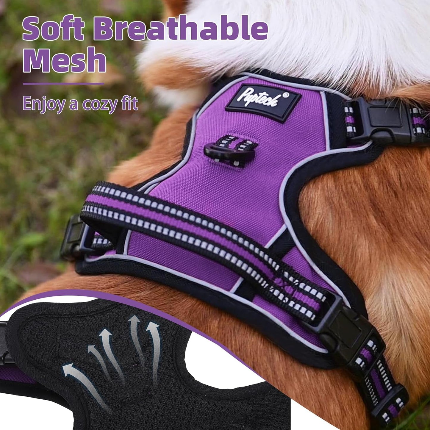 PUPTECK No Pull Dog Harness Small Sized, Adjustable Reflective Dog Harness with Handle Easy Control, Comfortable Soft Padded Pet Vest Harness for Small Dogs, Solid Purple S