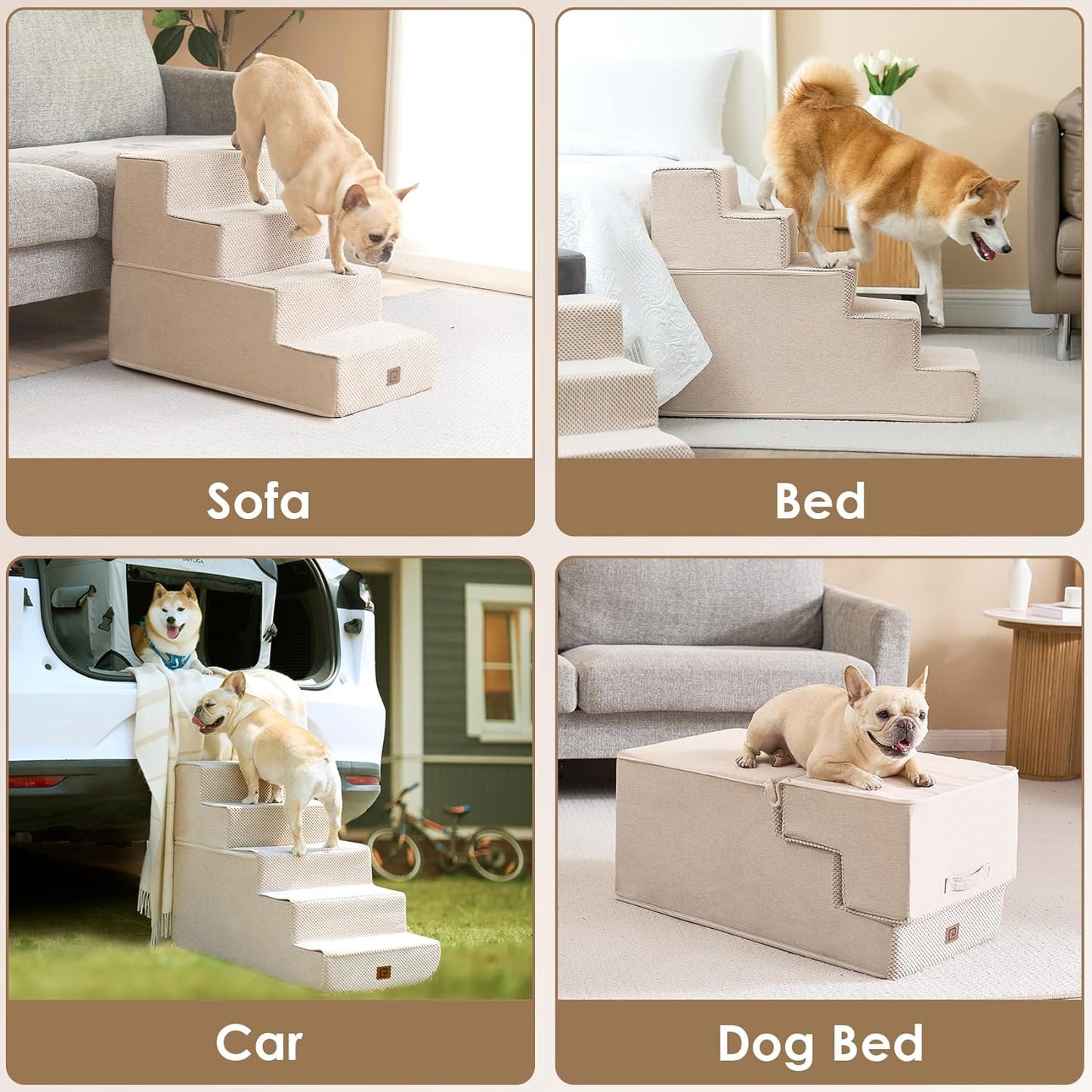 EHEYCIGA Dog Stairs for Bed 18" H, 4-Step Dog Steps for High Bed, Pet Steps for Small Dogs and Cats, Non-Slip Balanced Pet Ramp Indoor, Beige