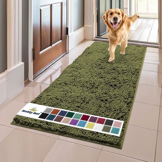Muddy Mat® Original Dog Door Mat for Muddy Paws, Super Absorbent Microfiber, Non-Slip Washable Pet Rug, Quick Dry Chenille Entryway Carpet, Machine Washable Indoor Outdoor mat, Army Green 24"x60"
