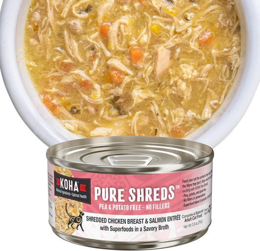 KOHA Pure Shreds Chicken and Salmon Entrée for Cats, High Protein Wet Cat Food, 2.8oz Cans (Pack of 24)