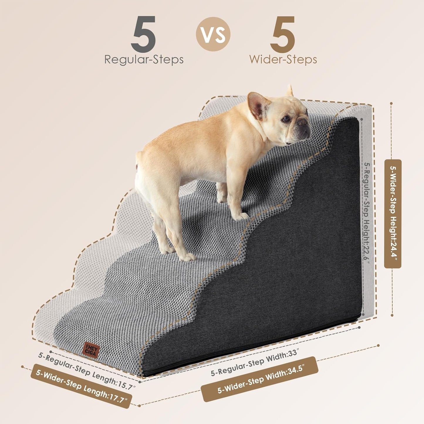 EHEYCIGA Curved Dog Stairs Ramp for High Beds, 5-Step Extra Wide Dog Steps for Small Dogs and Cats, Pet Stairs for High Bed Climbing, Non-Slip Balanced Pet Step Indoor, Grey