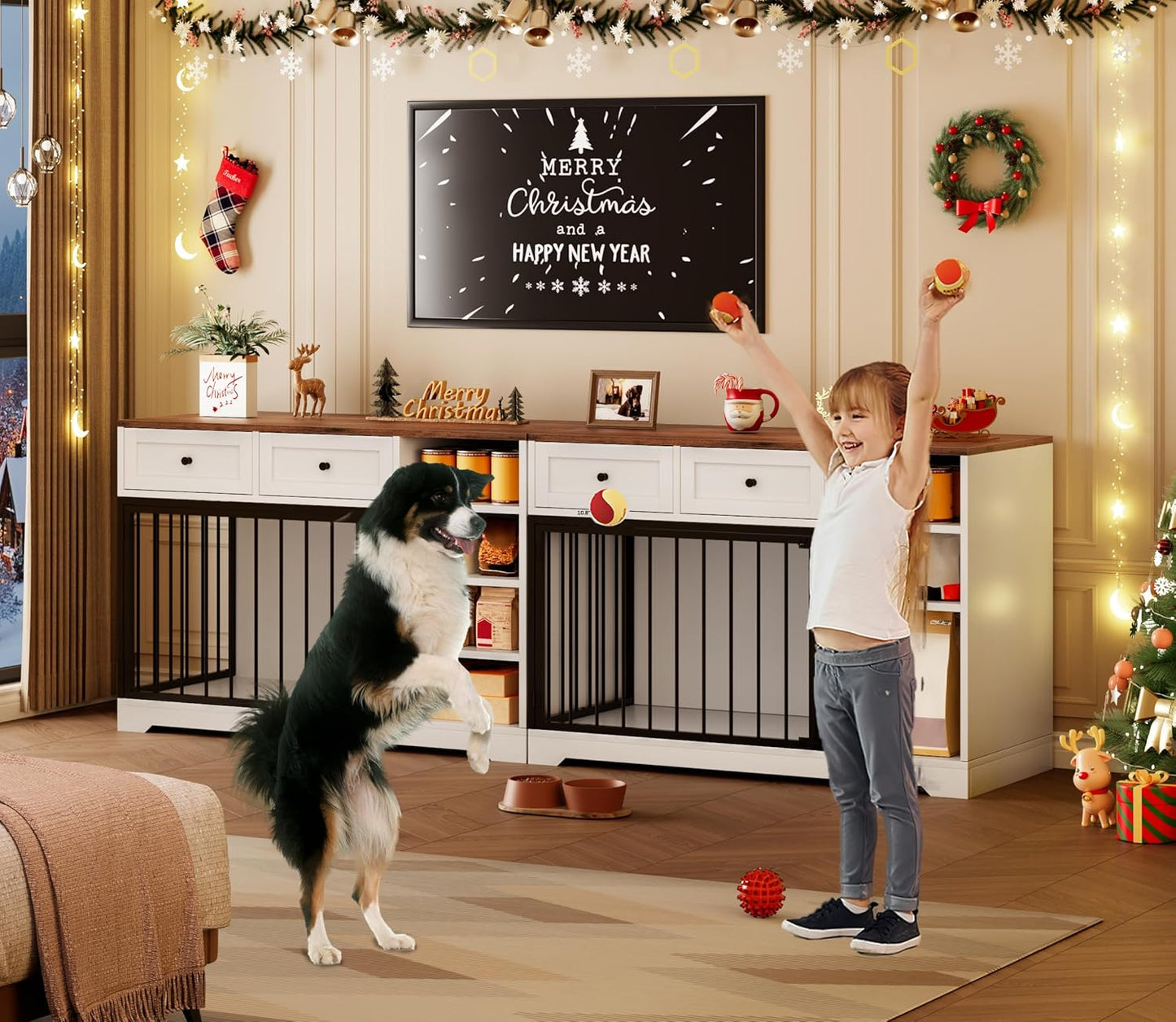 Dog Crate Furniture 47", Large Dog Crate TV Stand with 2 Drawers and 4 Shelves, Wooden Dog Kennel Indoor, Decorative Dog Cage with Storage for Large Dogs, White