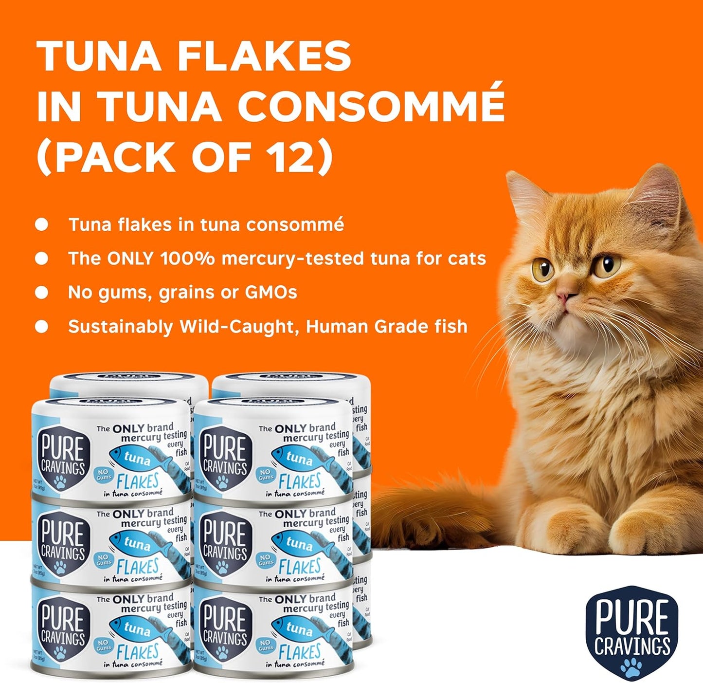 Tuna Flakes in Tuna Consommé, Canned Wet Cat Food Soup, 100% Mercury-Tested, Moist Can Fish, Grain-Free Protein, Non-GMO, 3oz, Pack of 12