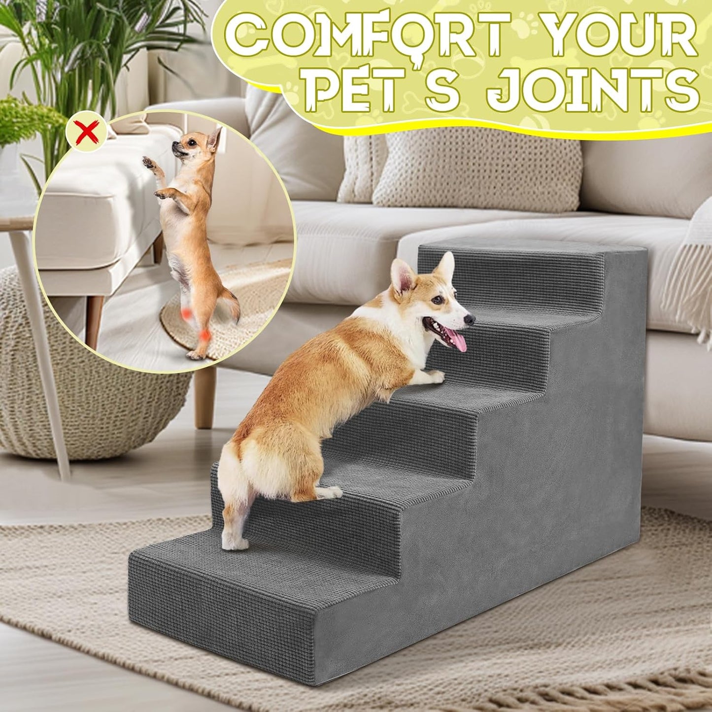 Niubya Dog Stairs for Small Dog and Cats,23”H Non-Slip Bottom Pet Steps for High Beds and Couch,High-Density Foam Pet Stairs Grey,5 Steps