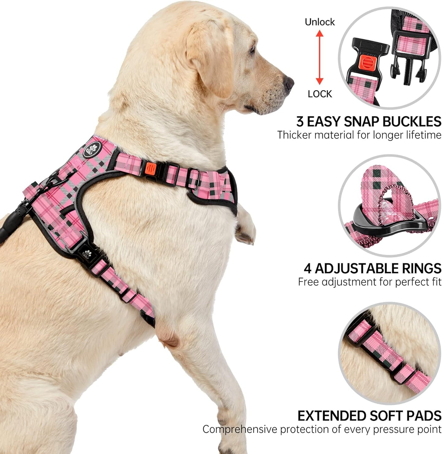 NESTROAD No Pull Dog Harness with Leash, Reflective No Choke Pet Vest Harness,Adjustable Soft Padded Dog Harness with Easy Control Handle for Large Dogs(Checkered Pink,Large)
