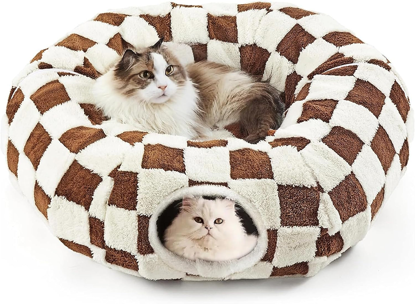 Cat Tunnel Bed with Washable Cushion for Indoor Cat, Donut Cave Tube Toys for Kitten Puppy Rabbit, Brown