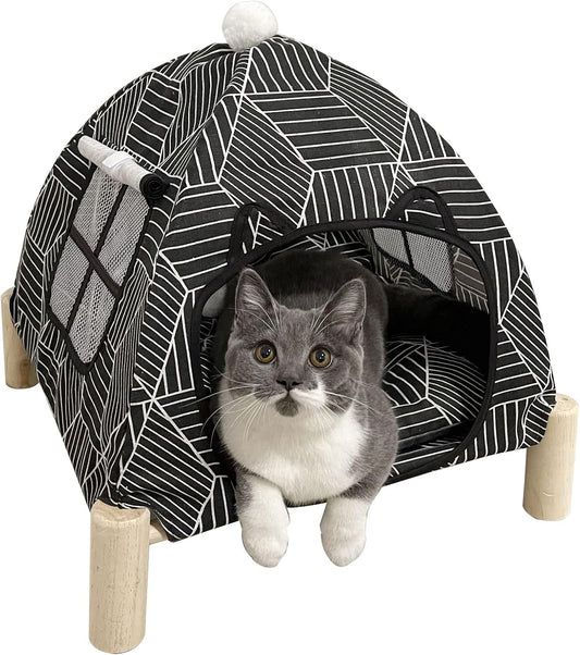 2-in-1 Elevated Cat Tent Cat House, Quick Assembly and Disassembly, Portable Indoor/Outdoor Cute Cat Bed Cave-Black Diamond Pattern