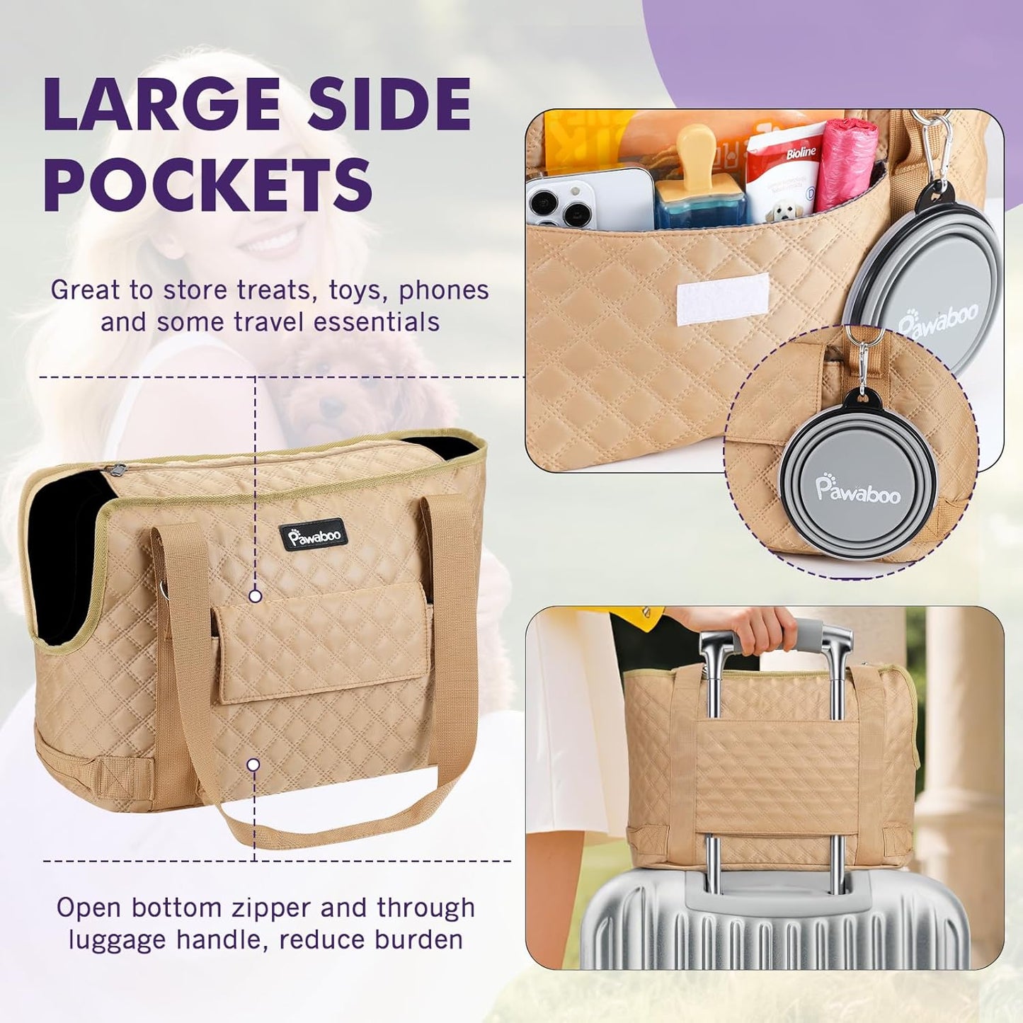 Pawaboo Dog Purse Carrier for Small Dogs with Pocket, Lightweight Dogs and Puppies Tote Bag Carrier, Dog Carriers Soft Sided for Puppy Cat Rabbit, Shopping Travel Puppy Carriers Under 11 LBS, Khaki