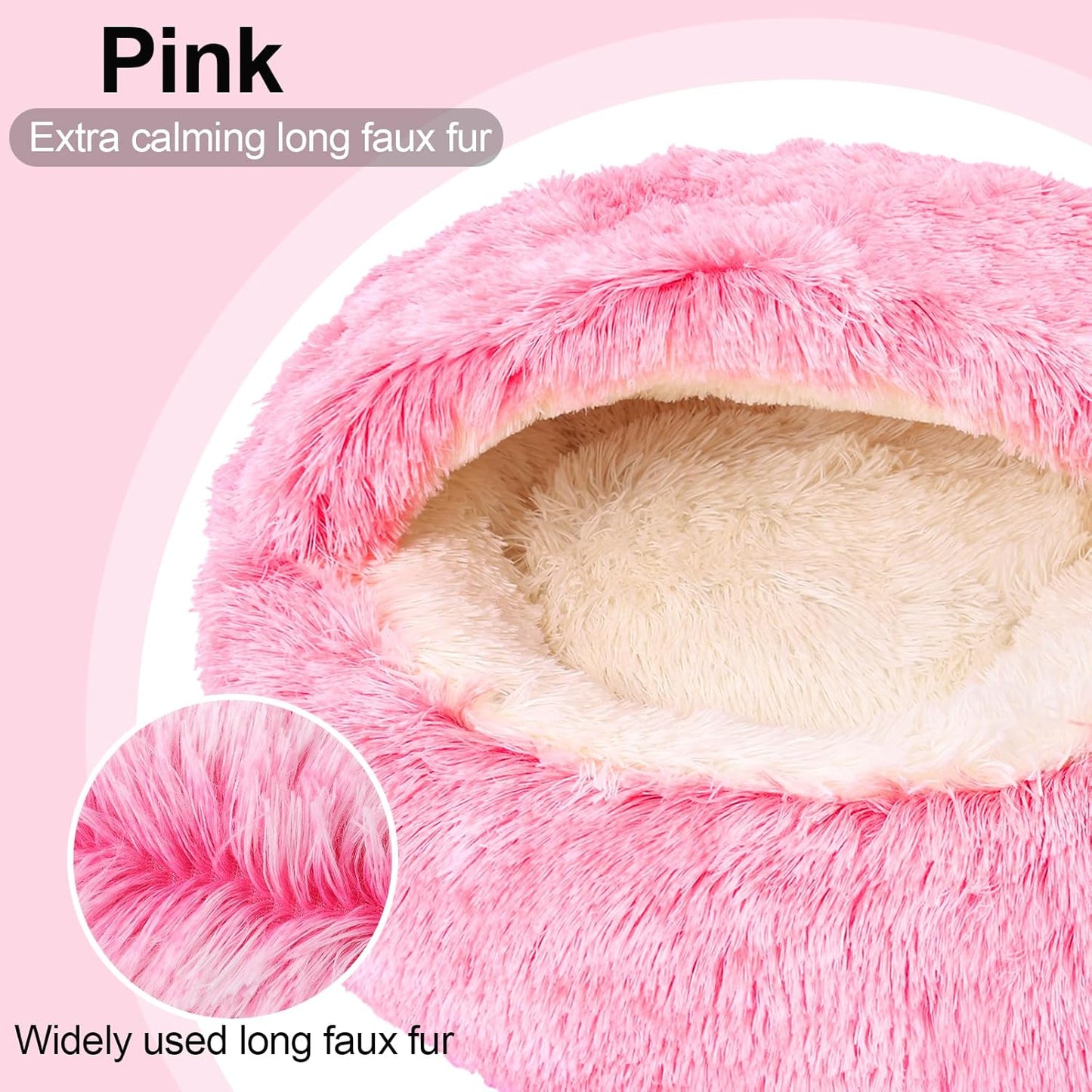 Calming Dog Beds with Hooded Cat Cave Cover - Removable, Washable Round Beds for Small to Medium Pets, Anti-Slip Faux Fur Fluffy Cover for Improved Sleep - Fits up to 15/25 lbs (Pink, M)