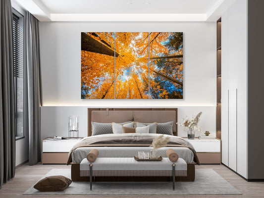Nature Wall Art Prints - Ocean Forest Mountain Lake Canvas Landscapes - Small to Extra Large Living Room Bedroom Kitchen Bathroom Décor (Blue Sky Through Yellow Autumn Trees, 39L" x 59W" - 3 Panels)