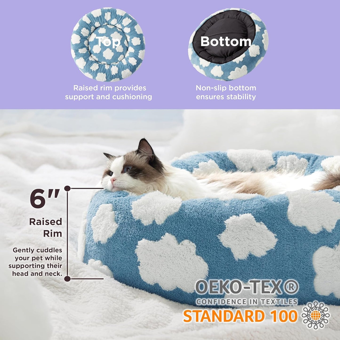 LE SURE Donut Cat Beds for Indoor Cats - Small Round Dog Bed for Calming Pets with Washable Cover, Cute Modern Puppy Beds with Jacquard Shaggy Plush & Anti Slip Bottom, 20 Inch, Blue