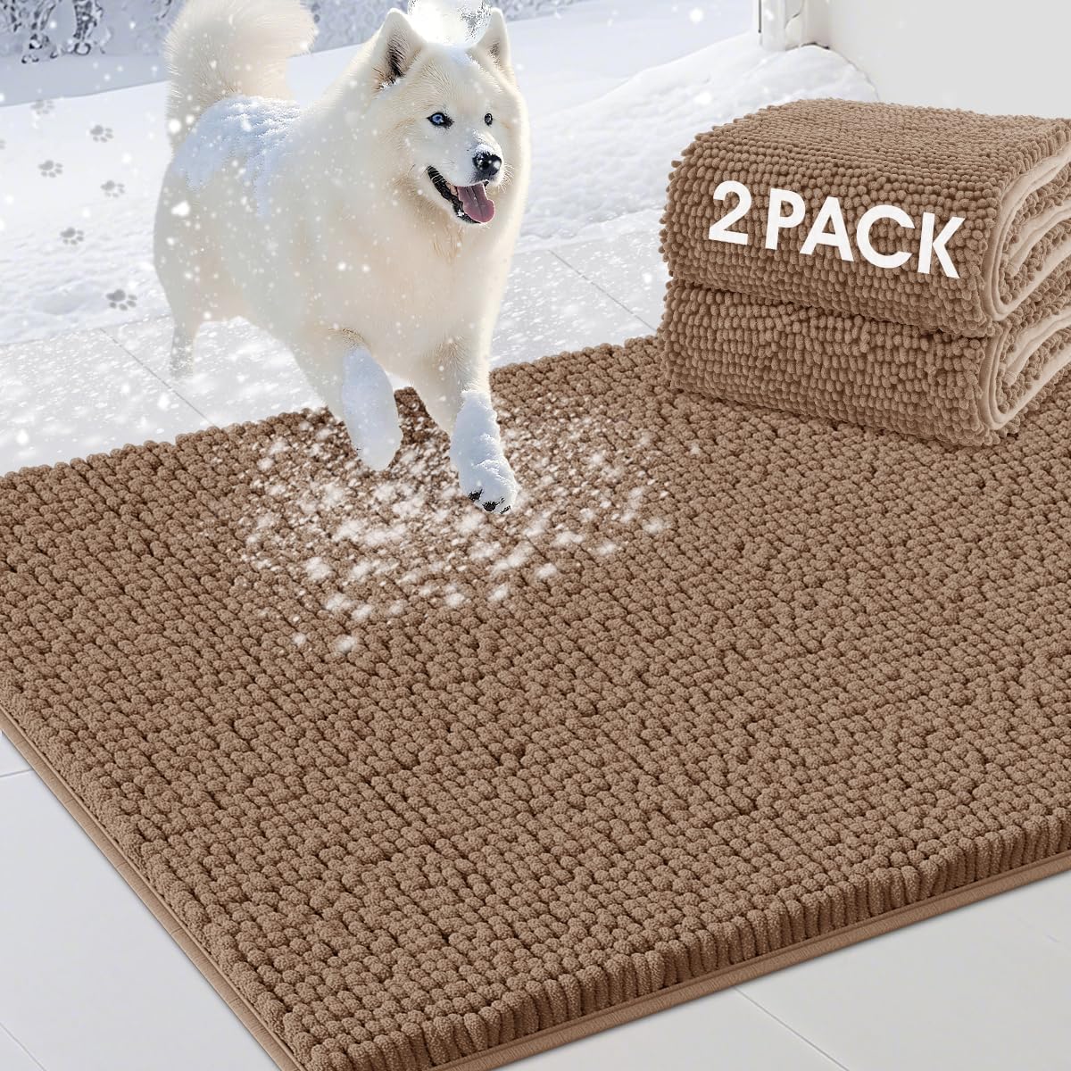 2 Pieces Muddy Door Mats for Dogs, Chenille Absorbent Pet Mats, Quick Dry, Trap Dirt Non Slip Heavy Indoor Doormat Soft Dog Bed Mat Front Inside Door Mat for Indoor Outdoor Entrance,Camel