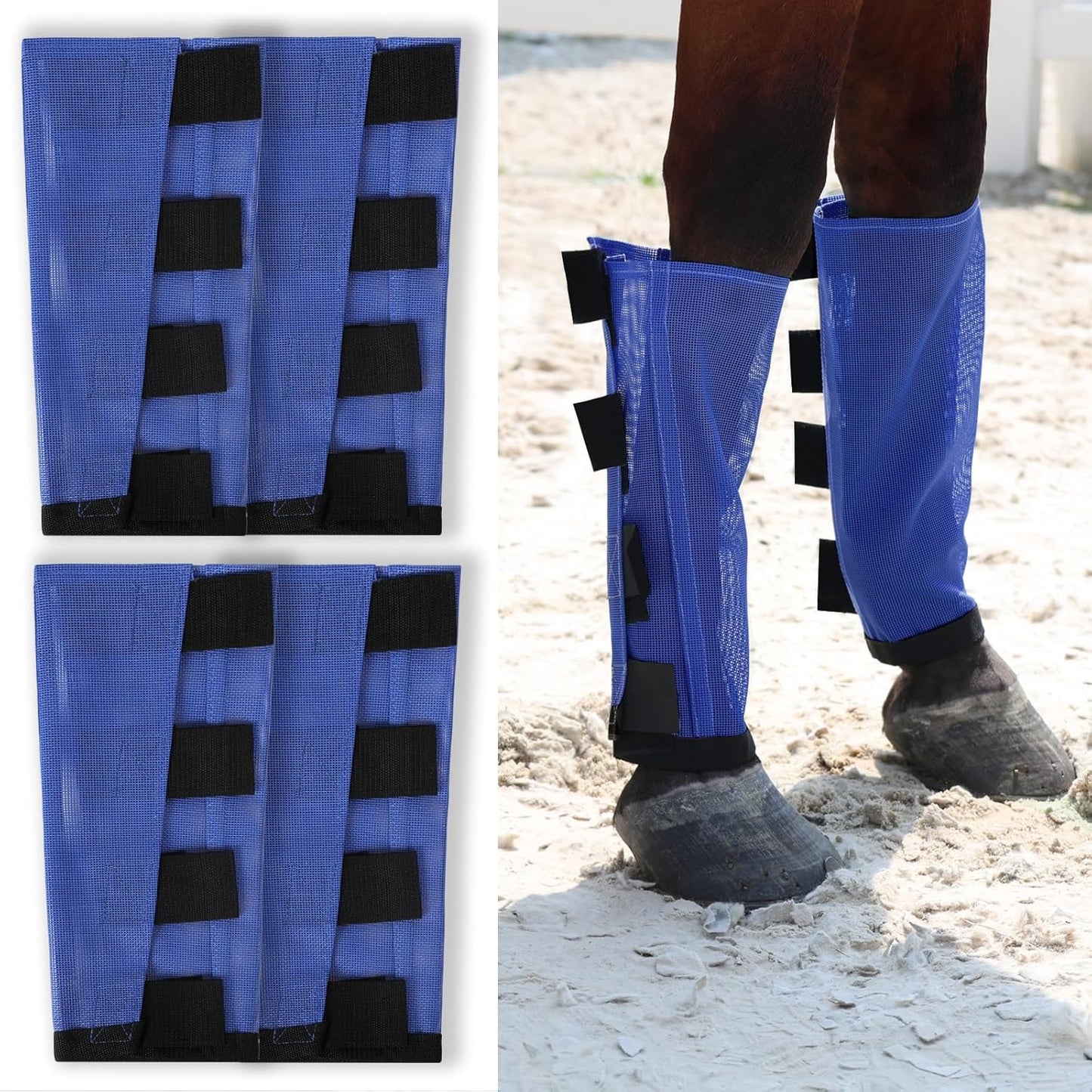 Premium 4-Pack Horse Fly Boots & Leggings Loose-Fit Fine Mesh with Stay-On Fasteners, Support Strips & Anti-Stomp Design Breathable Non-Slip Protection Leg Wrap (Large) Royal Blue