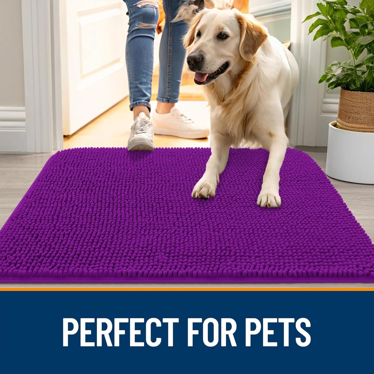 OLANLY Dog Door Mat for Muddy Paws 59x32, Absorbs Moisture and Dirt, Absorbent Non-Slip Washable Doormat, Quick Dry Chenille Mud Mat for Dogs, Entry Indoor Entryway Carpet for Inside Floor, Purple