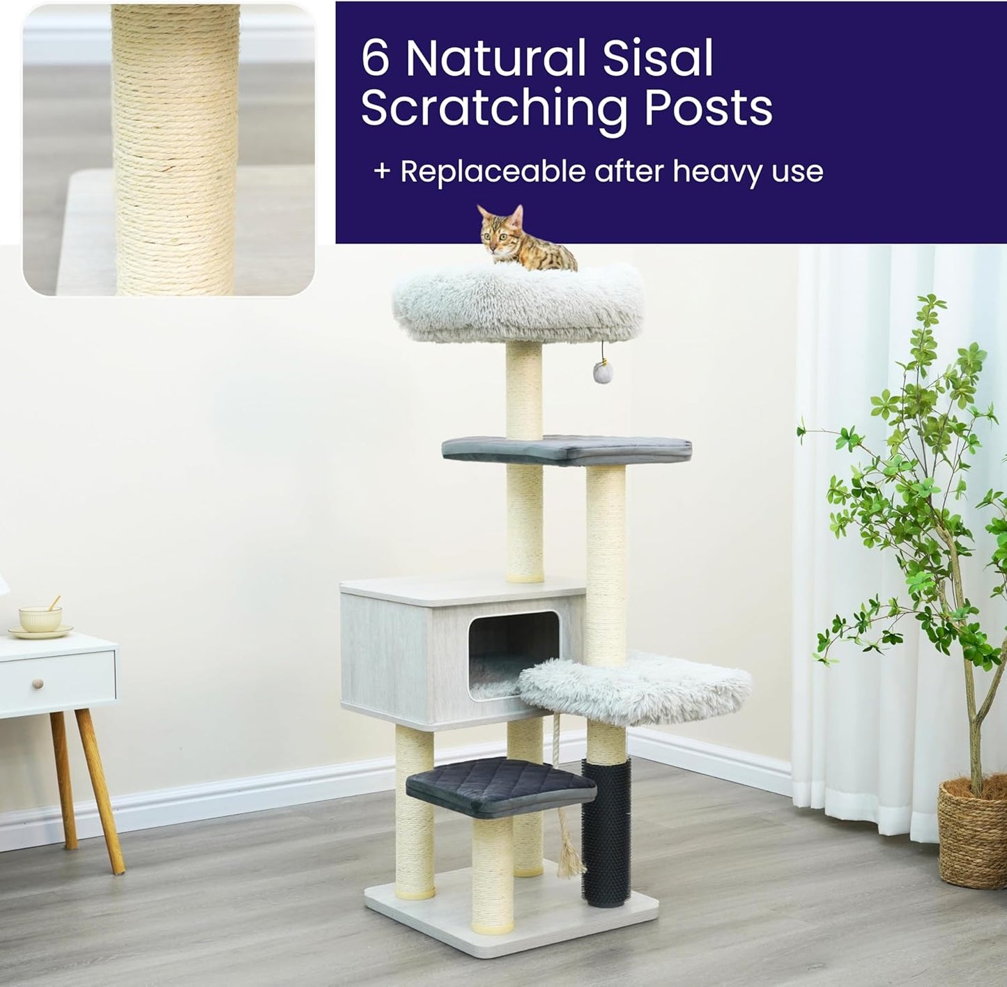 Catry Kasio 6 Level 54" High Modern Cat Tree with Laminated Wood Condo,Replaceable Scratching Posts,Removeable Washable Beds, Self Grooming Brush and Toys.(Light Gray)