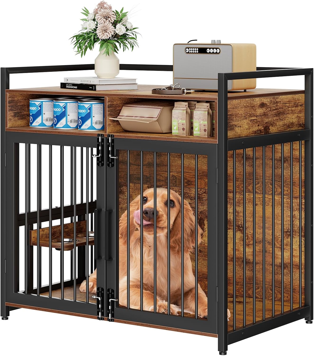 Furniture Style Dog Crate with Storage, 48 Inch Dog Crate Furniture with Double Doors, 2 Stainless Steel Bowls, Dog Crate Furniture-Style Crate for Large/Medium Dog