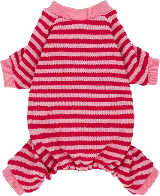 Fitwarm Pink and Red Striped Dog Pajamas, Waffle Dog Clothes for Small Dogs Girl Boy, Puppy Onesie with Feet, Pet Cat Outfit, XL