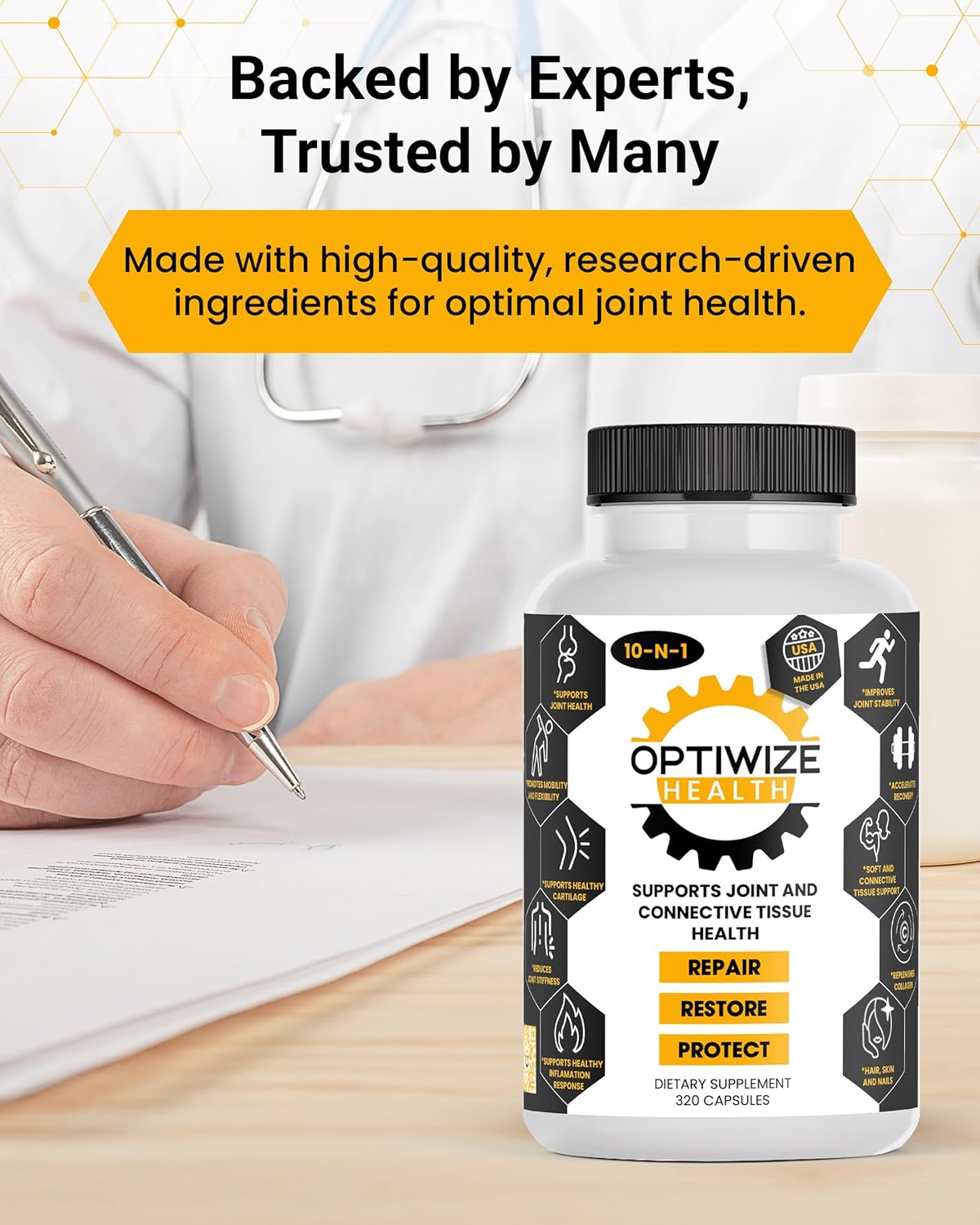 10-in-1 Joint Support Hydrolyzed Collagen,MSM, Hyaluronic Acid, Glucosamine,Chondroitin & More- Targets Joint Discomfort, Improves Mobility & Flexibility 320 Caps for Men & Women Made in USA