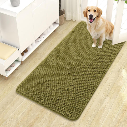 OLANLY Dog Door Mat for Muddy Paws 44x24, Absorbs Moisture and Dirt, Absorbent Non-Slip Washable Doormat, Quick Dry Chenille Mud Mat, Entry Indoor Entryway Carpet for Inside Floor, Willow Green
