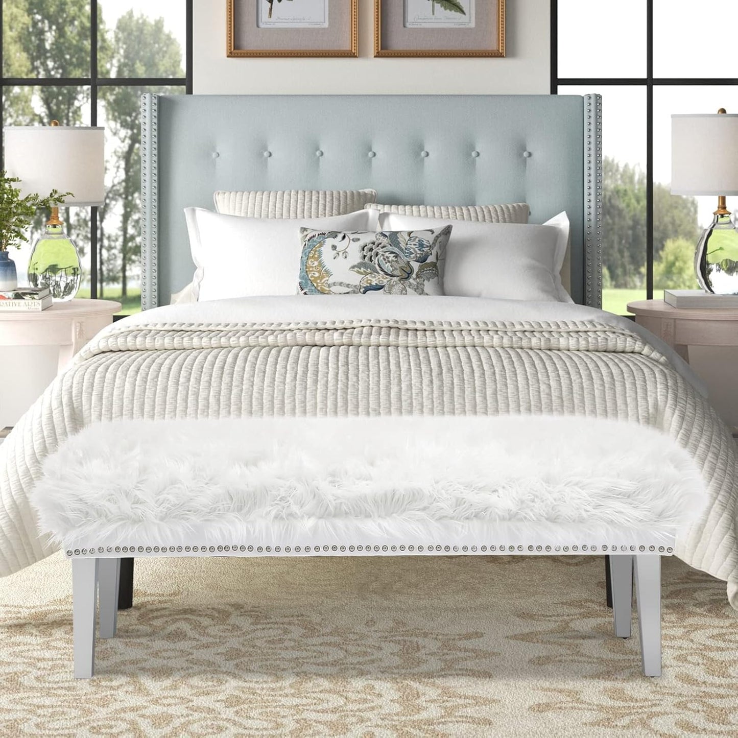 46 Inch White Bedroom Bench, Modern Multi-Purpose Bench with Wooden Legs, White Faux Fur Upholstered Bench for Bedroom, Living Room, or Entryway