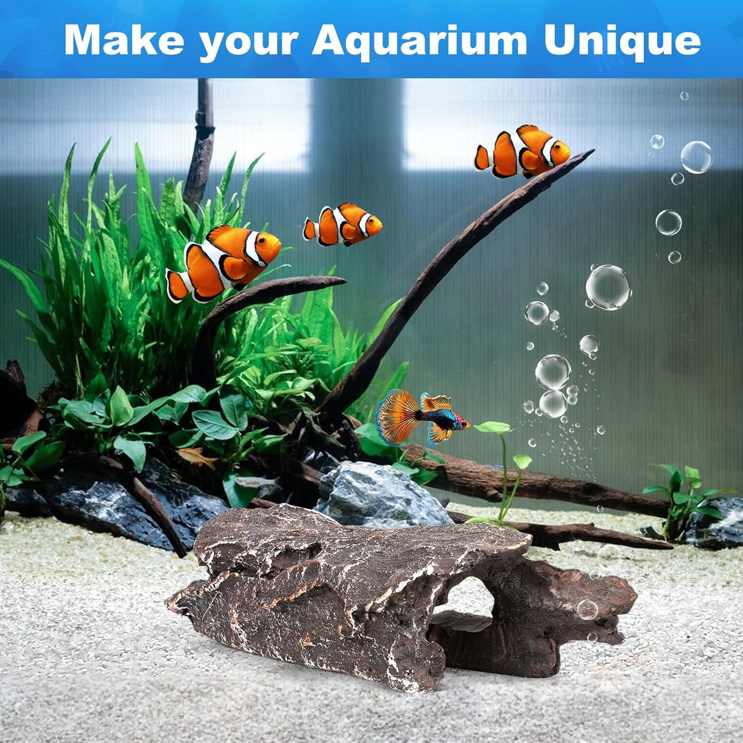 TRUVIC Fish Tank Decorations - Aquarium Cave Decor, Resin Hollow Tree Trunk Reptile Hide & Betta Log Hideout for 20 Gallon Tank, Fish Accessories Shelter Cave