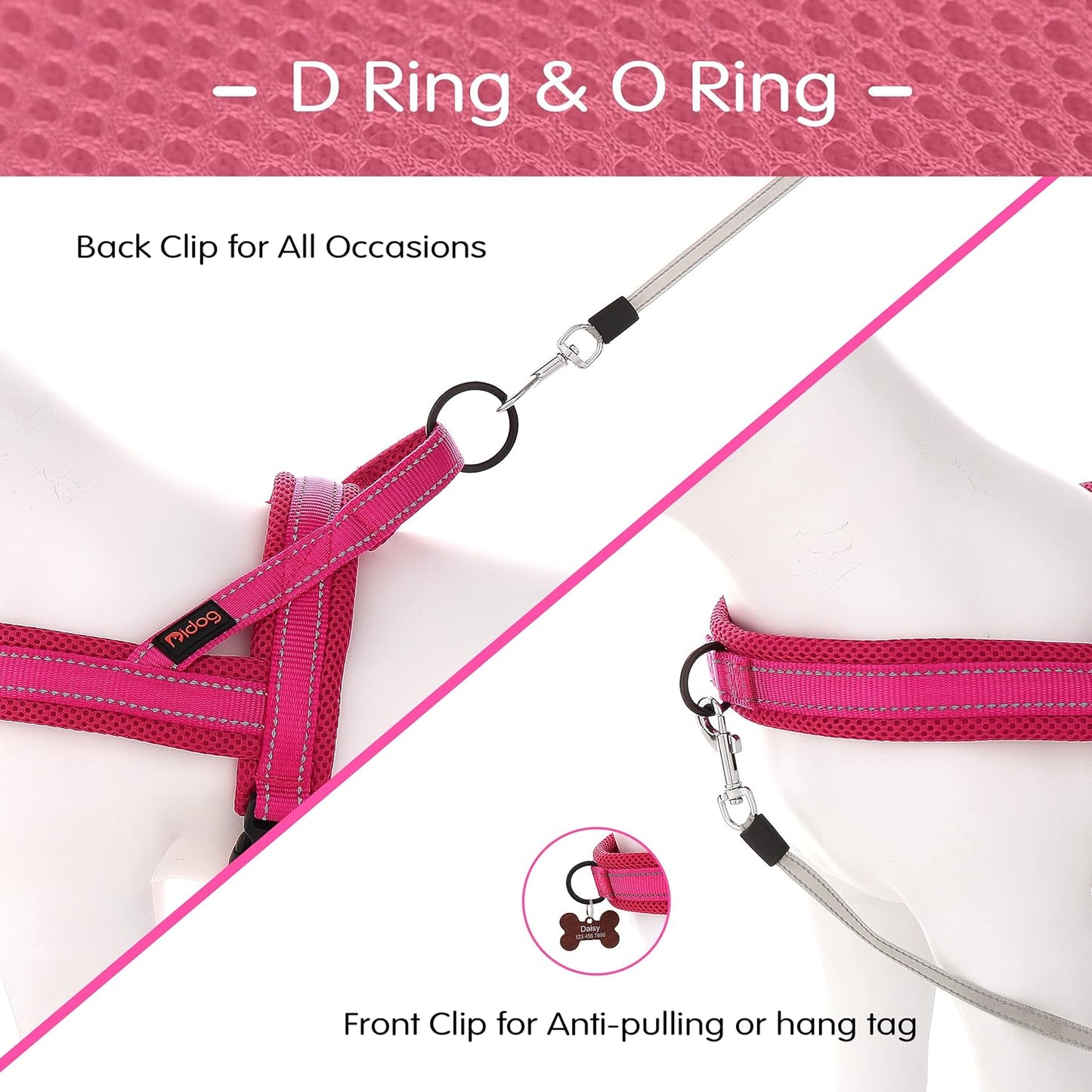 Didog No Pull Dog Harness with Soft Mesh Padded,Reflective & Quick Fit Light Weight Dog Strap Vest Harness,Easy for Walking Training (L:Chest 26-32", Mesh-Hot Pink)