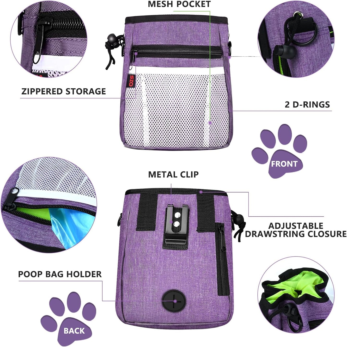 Dog Treat Pouch - 3 Ways to Wear Treat Pouches for Pet Training and 2 Pieces Clicker Taining for Dogs, Dog Training Treat Pouch Bag and Dog Clicker for Training with Waist Belt Shoulder Strap - Purple