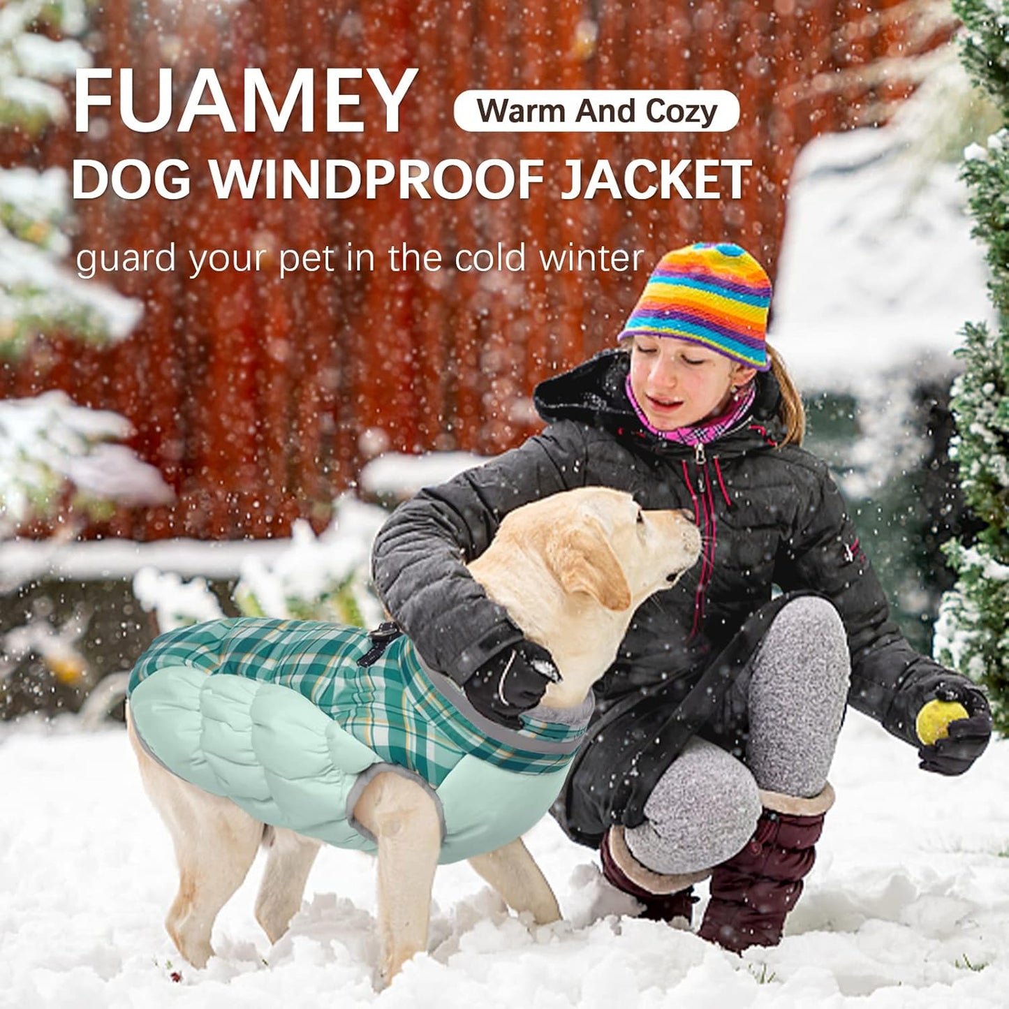 FUAMEY Dog Coat for Large Dogs,Waterproof Dog Winter Jacket with Harness Built in Puppy Cold Weather Coats Reflective Pet Vest with Zipper Warm Fleece Dogs Snowsuit Windproof Green Plaid L