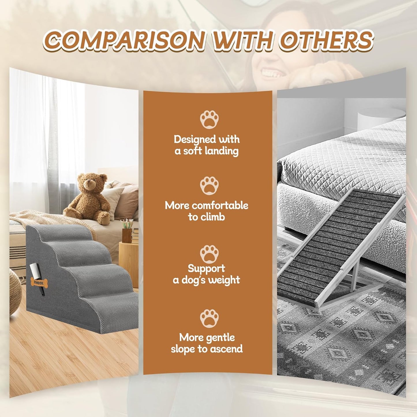 Dog Stairs, Romrol Dog Steps Ramp for High Bed and Couch, Dogs Ramp with Durable Non-Slip Waterproof Fabric Cover, Pet Stairs for Small Dogs and Cats or Pets Joints, 4-Tiers,Grey