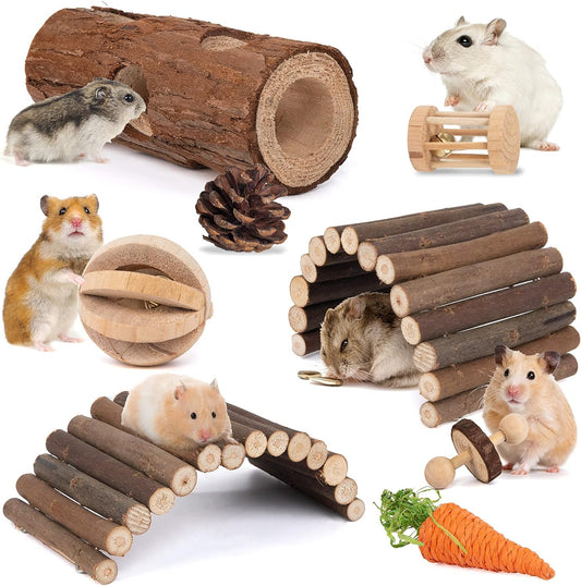 Sofier Hamster Toys Hamster Accessories for Cage Natural Guinea Pig Toys and Chews for Teeth Rat Toys Chinchilla Toys Wood Hideout Bridge Apple Wood Sticks