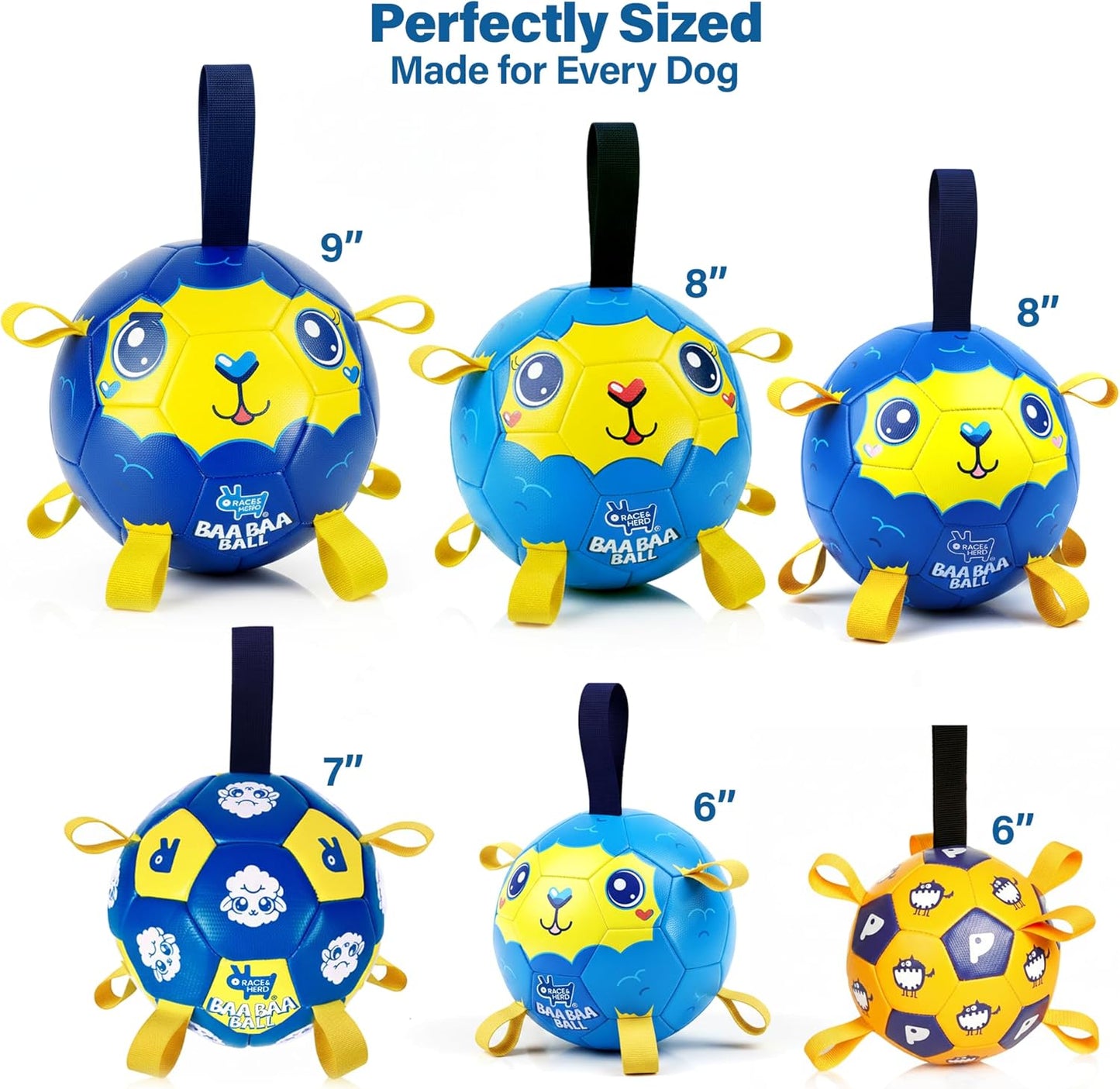 Race&Herd 9" Jolly Soccer Ball for Dogs - Tough Durable Dog Ball Toy with Straps, Pet Bouncy Herding Balls for Dogs, Floating Dog Balls with Tags for Water Fetch (BaaBaaBall, Daddy Sheep)