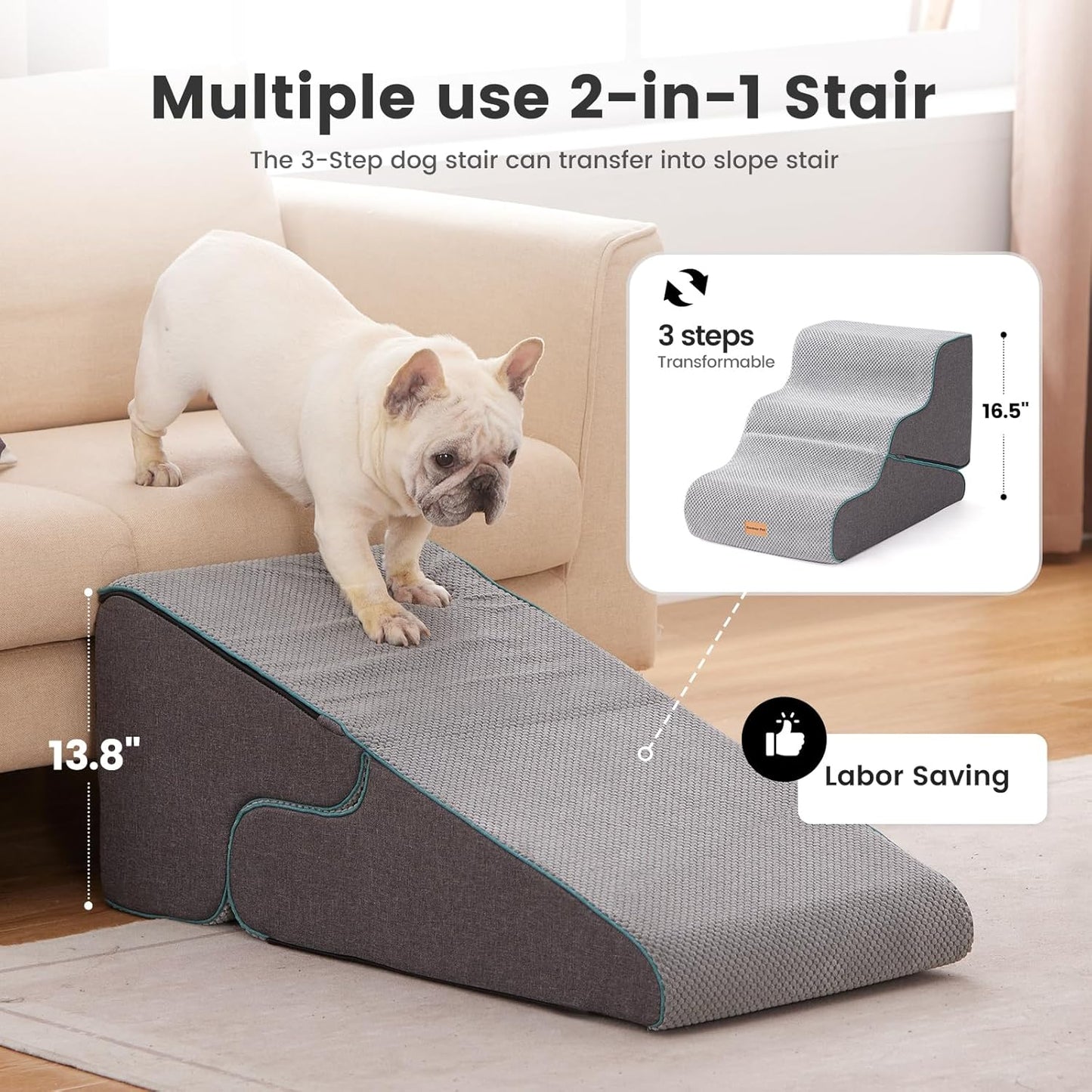 Gardner Pet Dog Stairs for Small Dogs 16.5" H, 2 in 1 Transformable 3-Step Pet Stairs and ramp, Dog Steps for Couch (13-20 in) with Durable Non-Slip Waterproof Cover and CertiPUR-US Certified Foam