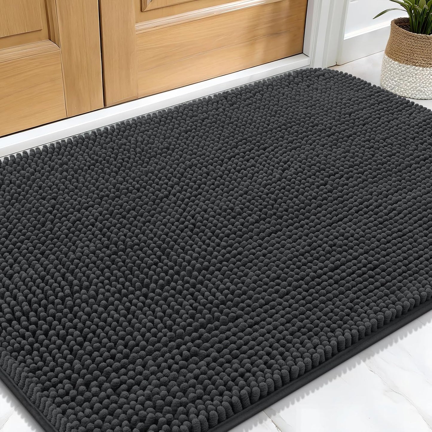 OLANLY Dog Door Mat for Muddy Paws 34x21, Absorbs Moisture and Dirt, Absorbent Non-Slip Washable Doormat, Quick Dry Chenille Mud Mat for Dogs, Entry Indoor Entryway Carpet for Inside Floor, Dark Grey