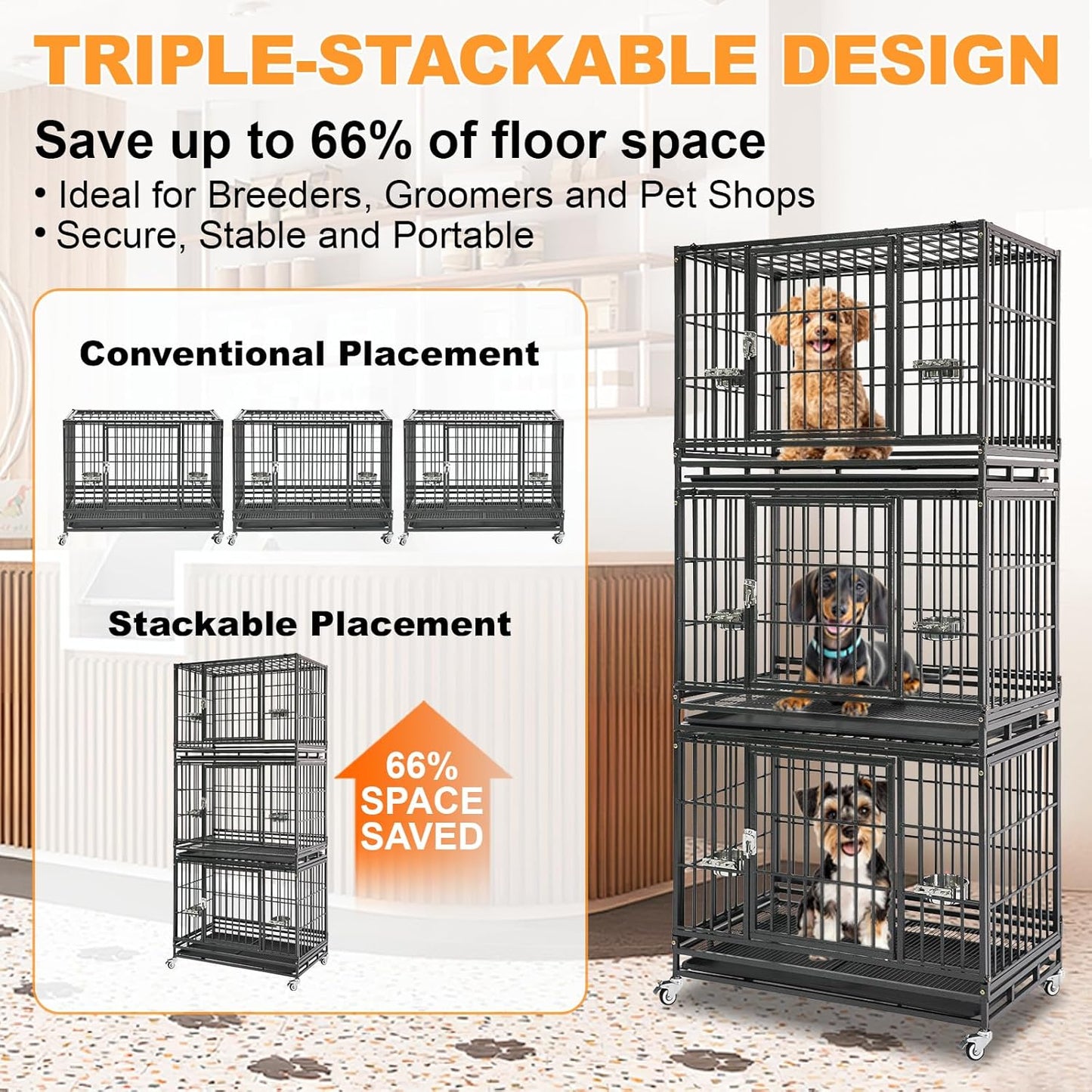 Homey Pet Three Levels 37 Inch Dog Crate 4 Pack, Escape Proof Dog Cage Kennel Indoor with Top Access and Lockable Wheels, Removable Tray, Heavy Duty Dog Crates for Medium/Small Dogs