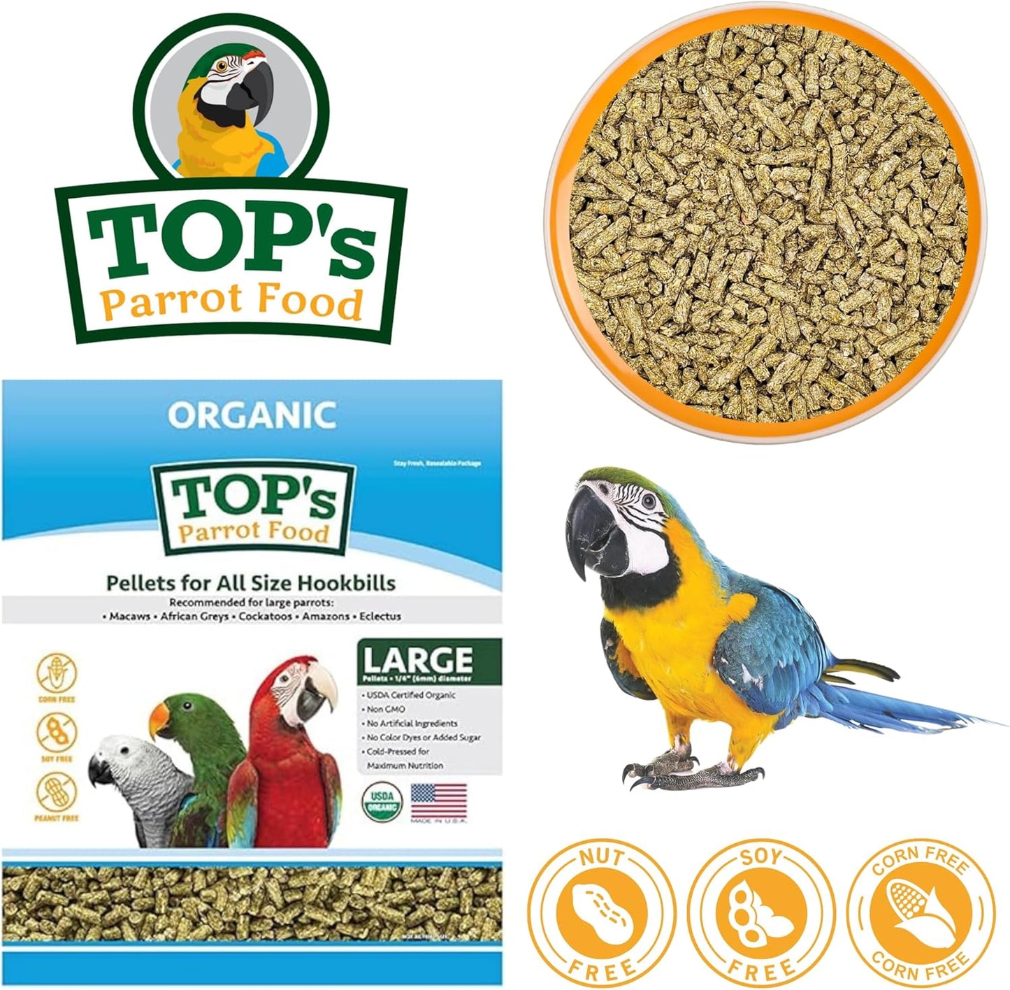 TOP's Parrot Food Pellets Hookbills, Small, Medium, Large Birds - Non-GMO, Peanut Soy & Corn Free, USDA Organic Certified - 1 lb / 453 g