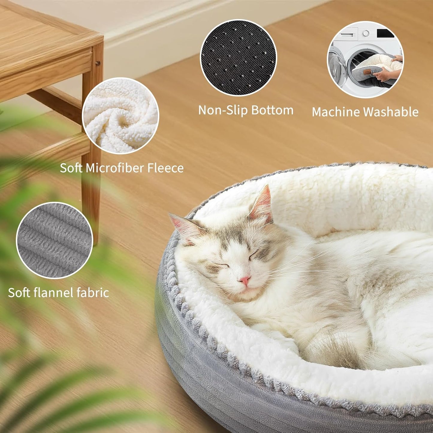 20in Washable Cat Beds for Indoor Cats - Round Donut Pet Bed for Cats, Small Dogs, Puppy, Kitten - Anti-Slip Bottom, Calming Bed Gift - Ideal for Every Home Space - Light Grey