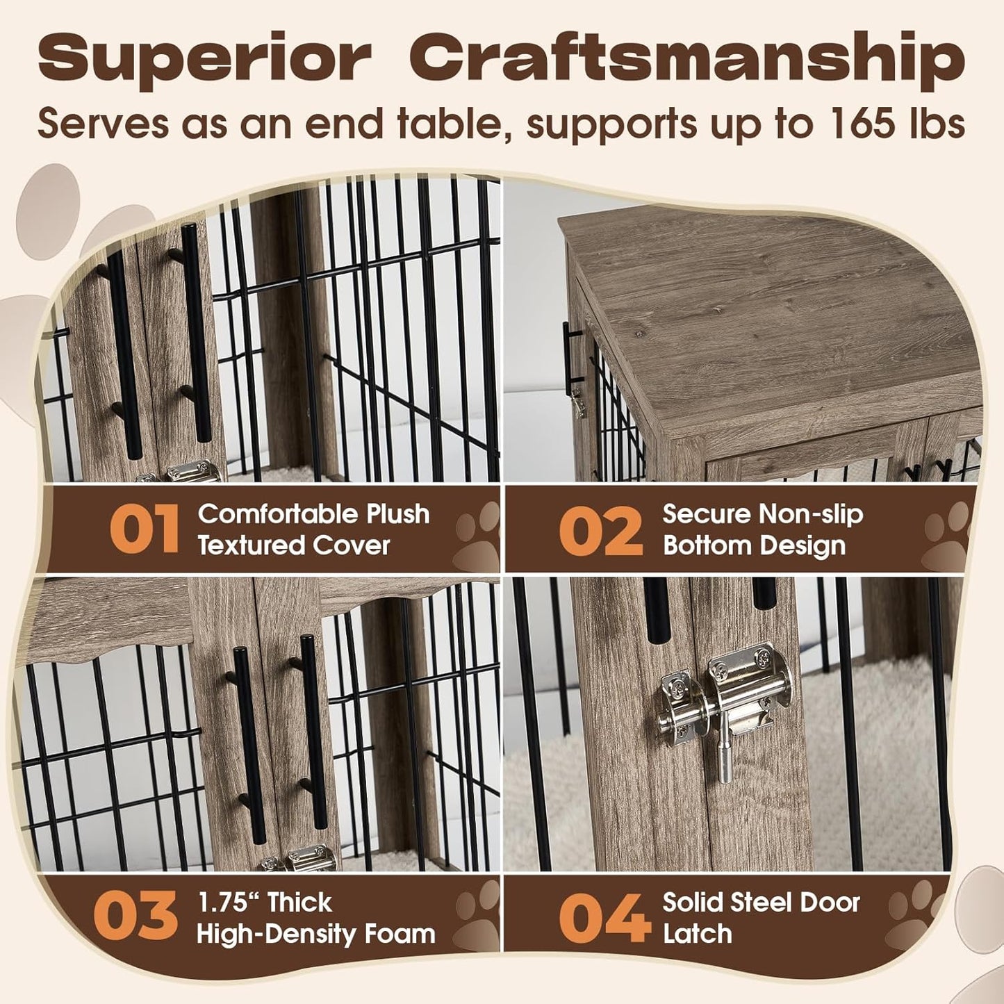 Dog Crate Furniture with Cushion, 32 inch Wooden Kennel Table with Double Doors, Indoor Dog House End Table for Small/Medium Dog, Grey (32x23x26in)