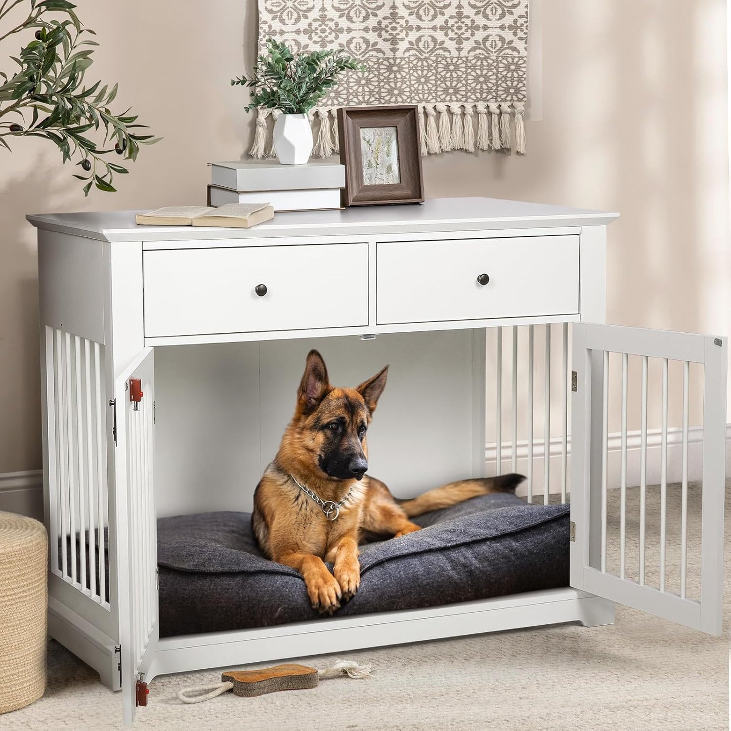 LEMBERI 44 Inch Large Dog Crate Furniture, Wooden Dog Kennel End Table with Storage Drawers, Decorative Pet Cage Dog House Indoor for Dogs