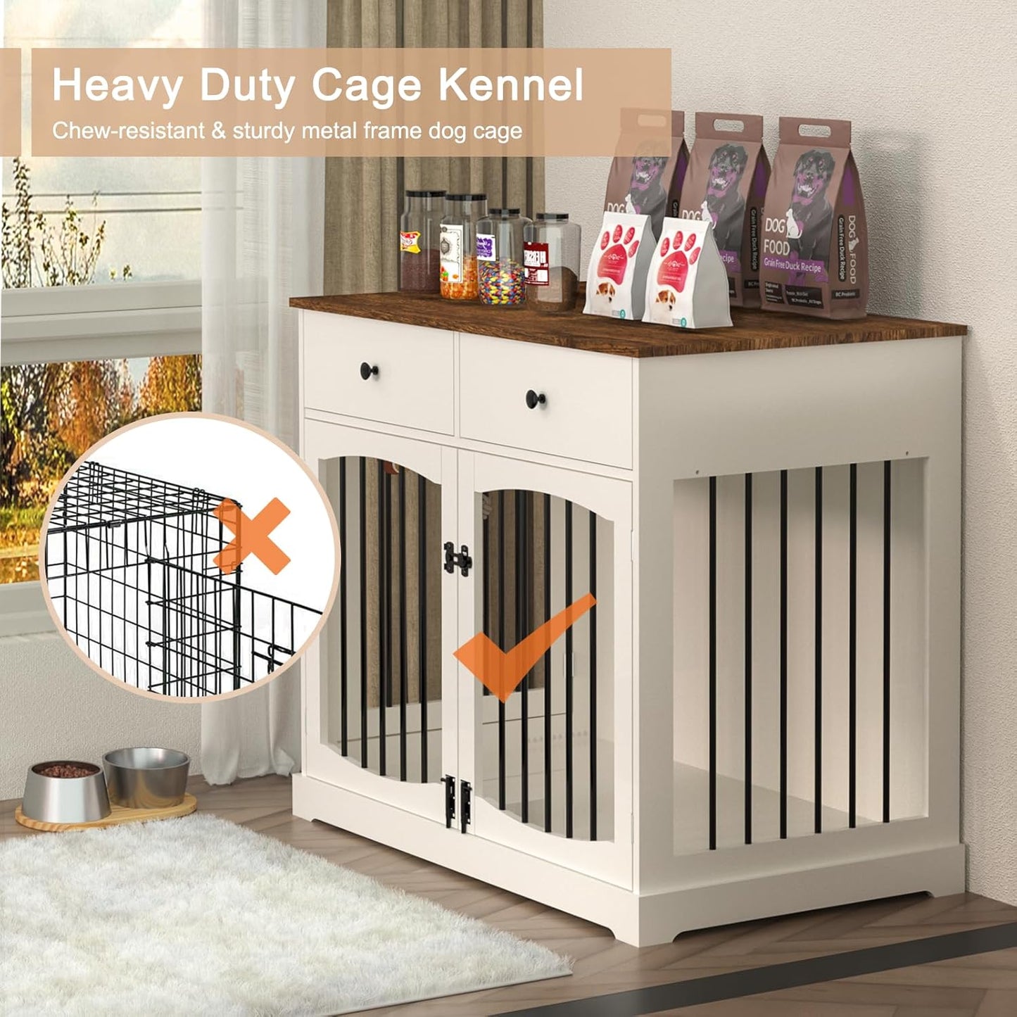 BREEZEHEAT 40 inch Dog Crate Furniture-Farmhouse Dog Kennel with Drawers-End Table Wooden Pet Crate, Double Door Design, Decorative Dog House Indoor for Small Medium Large Dog, White